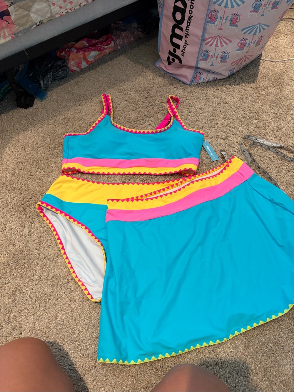 Popvil Aqua Pink Yellow Three-Piece Swim Set with Skirt